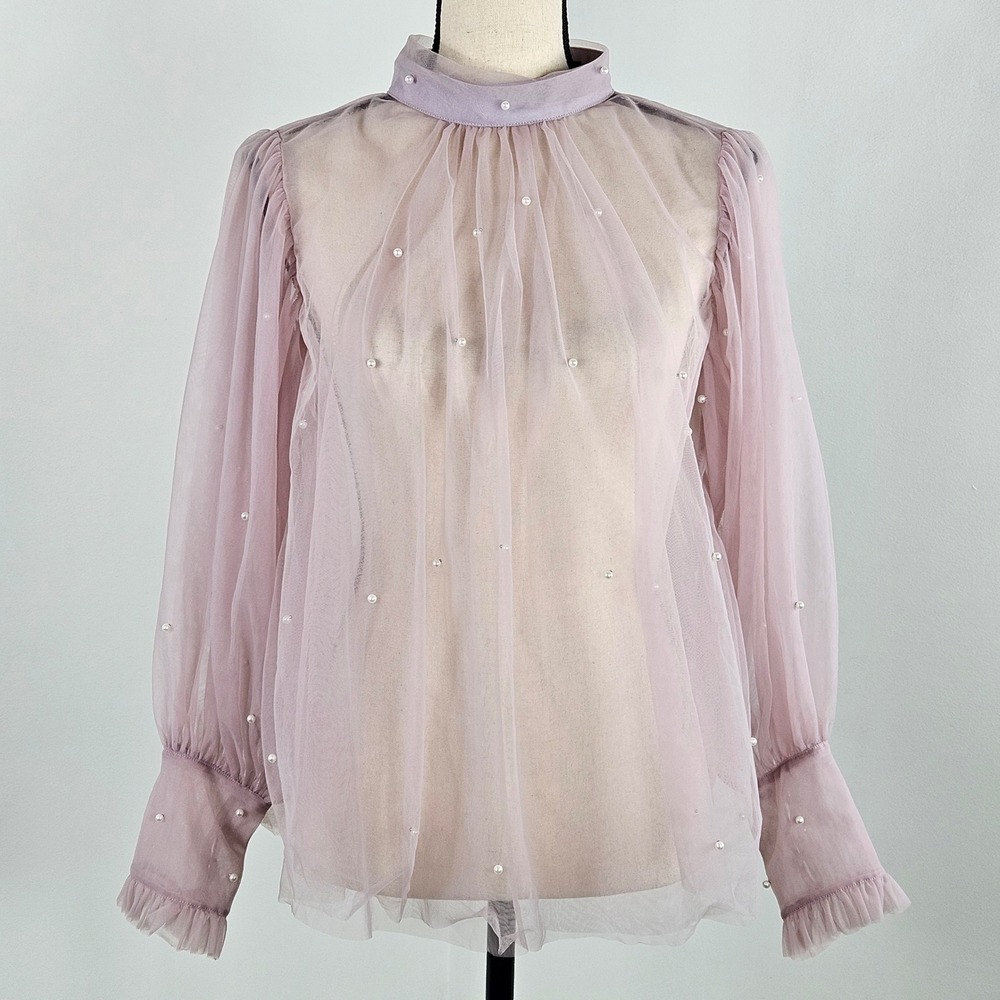 MOMA Pearl Embellished Sheer Mesh Blouse Lavender Mock Neck Balloon Sleeves 38